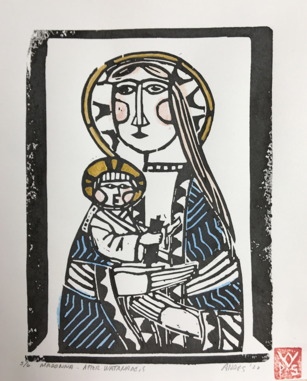 woodblock Madonna with Child 10 x 8